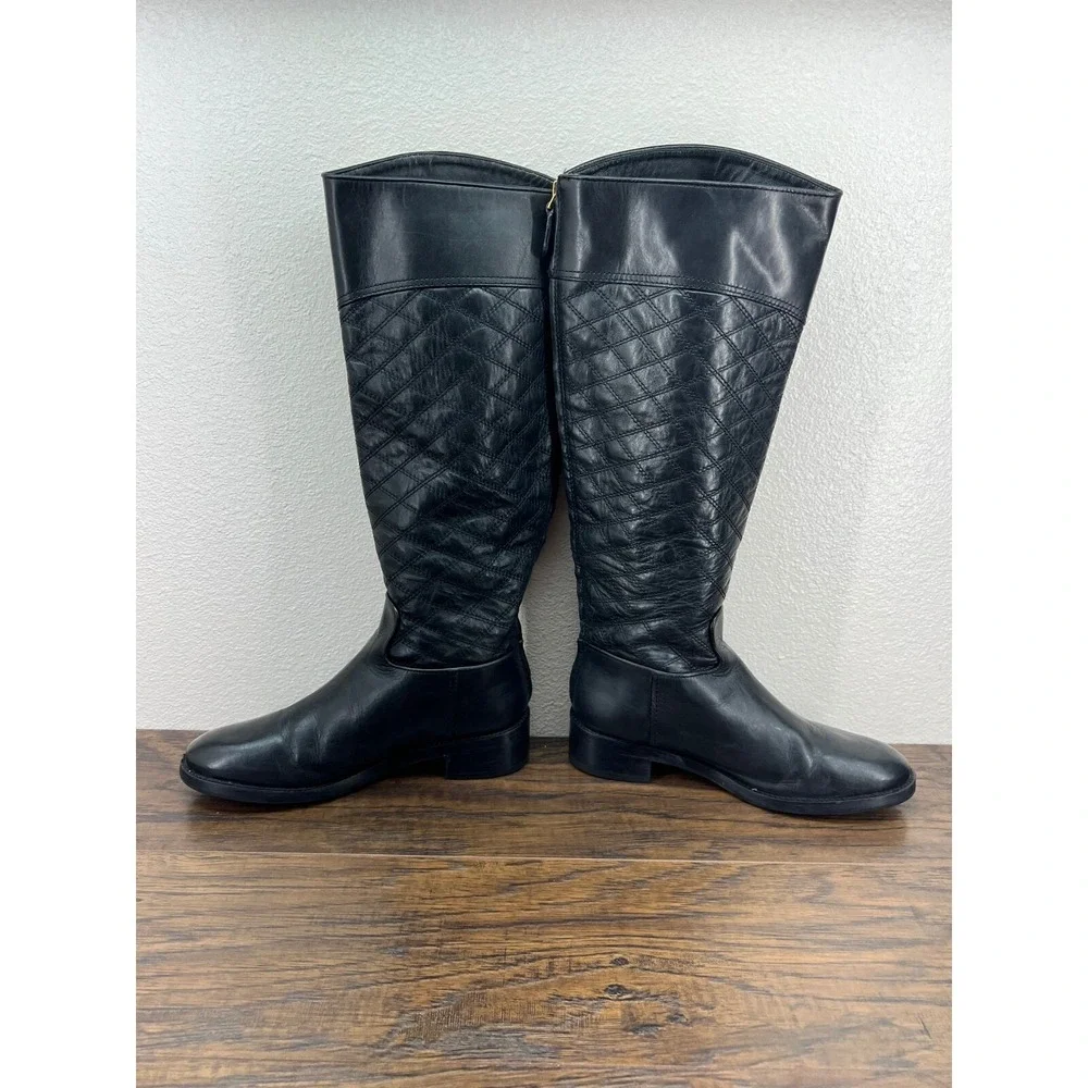 Tory Burch Women's 7.5M Claremont Quilted Black Leather Tall‎ Riding Boots